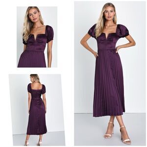 Lulus Flawless Forever Dress Women's L Dark Purple Midi Satin Pleated NWT